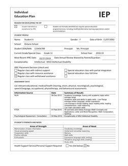 Individual  
Education Plan 
IEP  
REASON FOR DEVELOPING THE IEP 
 
Student identified as 
 
exceptional by IPRC 
 
 
Stude