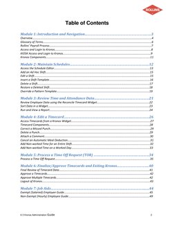 6 3 Kronos Administration Guide 
2 
Table of Contents 
 
Module 1: Introduction and Navigation………………………………………………………….