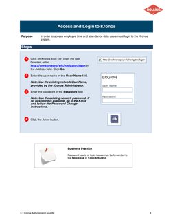 6 3 Kronos Administration Guide 
8 
 
Access and Login to Kronos 
 
Purpose 
In order to access employee time and attenda