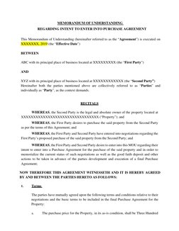 MEMORANDUM OF UNDERSTANDING  
REGARDING INTENT TO ENTER INTO PURCHASE AGREEMENT 
 
This Memorandum of Understanding (herei