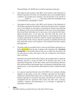 Thousand Dollars ($3, 00,000) due on or before Agreement closing date. 
 
b. 
Upon approval and execution of this MOU, and