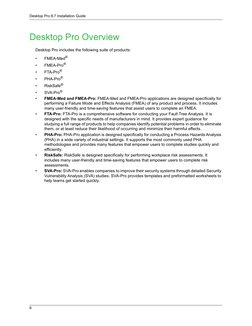 Desktop Pro 8.7 Installation Guide
6
Desktop Pro Overview
Desktop Pro includes the following suite of products:
•
FMEA-Med®
•