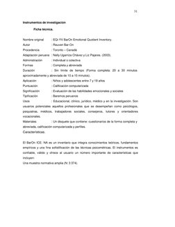 31 
 
 
Instrumentos de investigación 
 
Ficha técnica. 
 
 
 
Nombre original 
: EQi-YV BarOn Emotional Quotient Inventory.