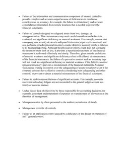 • 
Failure of the information and communication component of internal control to 
provide complete and accurate output becaus
