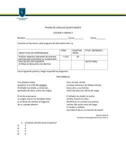PRUEBA DE LENGUAJE QUINTO BÁSICO 
LECCION 1 UNIDAD 2 
Nombre: _____________________________________ Curso:________ 
Fecha:_