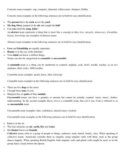 Concrete noun examples: cup, computer, diamond, rollercoaster, shampoo, Debby 
Concrete noun examples in the following senten