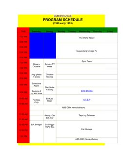 PROGRAM SCHEDULE
(1992-early 1993)
TIME
Saturday
Sunday
Monday
Tuesday
Wednesday
Thursday
Friday
4:30 AM
The World Today
5:00