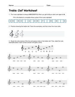 Name: __________________________________ 
Date: _______________
Treble Clef Worksheet
1.  The music alphabet is always A B C