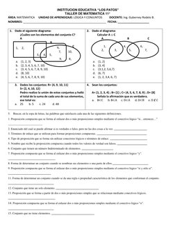 INSTITUCION EDUCATIVA “LOS PATOS” 
TALLER DE MATEMATICA 11° 
ÁREA: MATEMATICA 
UNIDAD DE APRENDIZAJE: LÓGICA Y CONJUNTOS 
DO