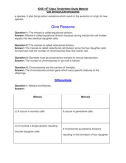 ICSE 10th Class Tenderfeets Study Material 
Cell Division,Chromosomes 
a species. It also brings about variations which resul