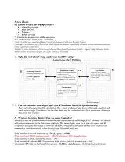 Apex class 
62. List the ways to call the Apex class? 
 
Visual force page 
 
Web Service 
 
Triggers 
 
Email servic