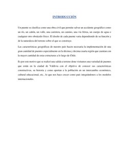 INTRODUCCIÓN 
 
Un puente se clasifica como una obra civil que permite salvar un accidente geográfico como 
un río, un cañón,
