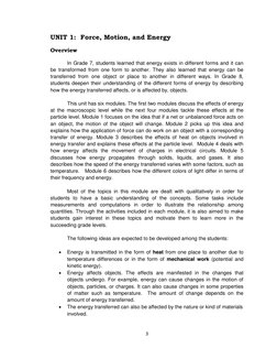 3 
 
UNIT 1:  Force, Motion, and Energy 
 
Overview   
 
 
In Grade 7, students learned that energy exists in different forms