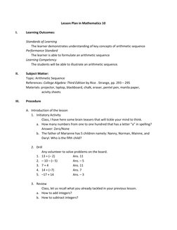 Lesson Plan in Mathematics 10 
 
I. 
Learning Outcomes:  
 
Standards of Learning 
The learner demonstrates understanding of