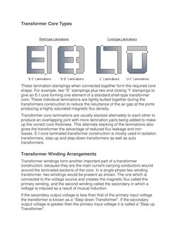 Transformer Core Types 
 
These lamination stampings when connected together form the required core 
shape. For example, two