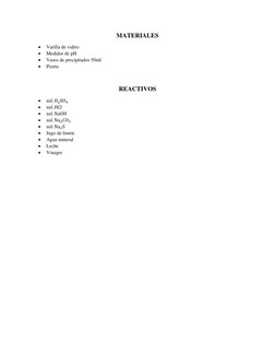 MATERIALES 
 
Varilla de vidrio 
 
Medidor de pH 
 
Vasos de precipitados 50ml 
 
Pizeta 
 
REACTIVOS 
 
sol. H2SO4 
