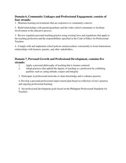 Domain 6, Community Linkages and Professional Engagement, consists of 
four strands:  
1.  Maintain learning environments tha