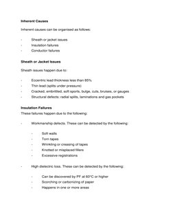 Inherent Causes 
Inherent causes can be organised as follows: 
- 
Sheath or jacket issues 
- 
Insulation failures 
- 
Conduct