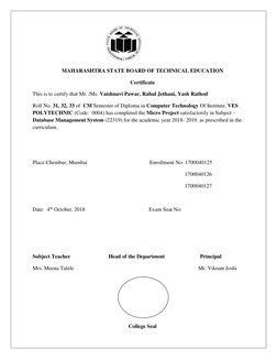 MAHARASHTRA STATE BOARD OF TECHNICAL EDUCATION
Certificate
This is to certify that Mr. /Ms. Vaishnavi Pawar, Rahul Jethan