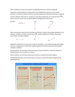 Punto: también se conoce como vértice y lo identificaremos con una letra mayúscula   
Línea recta: está formada por muchos pu