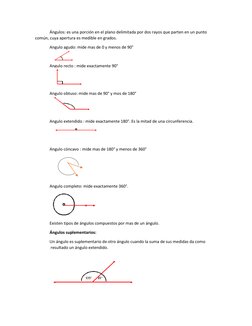 Ángulos: es una porción en el plano delimitada por dos rayos que parten en un punto 
común, cuya apertura es medible en grado