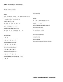 MAU - Shanti Dope - Lyre Cover
Chords / Letters / Notes
INTRO:
B(5X) - A(MID)(2X) - F#(2X) - E - F# - REPEAT THIS LINE 2X
E -