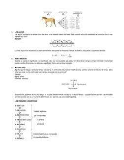 3. 
LINEALIDAD 
 
Los signos lingüísticos se alinean unos tras otros en la llamada cadena del habla. Este carácter excluy