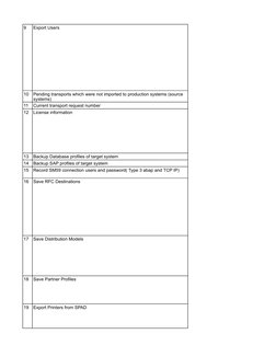 9
10
11
Current transport request number
12
License information
13
Backup Database profiles of target system
14
Backup SAP pr