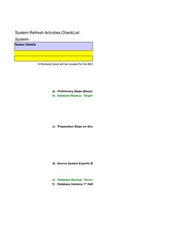 System Refresh Act
System Refresh Activities CheckList
System:
Notes/ Details
restore
A Remedy ticket will be created for the