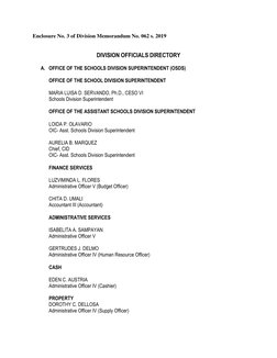 Enclosure No. 3 of Division Memorandum No. 062 s. 2019 
 
 
DIVISION OFFICIALS DIRECTORY 
 
A. OFFICE OF THE SCHOOLS DIVI
