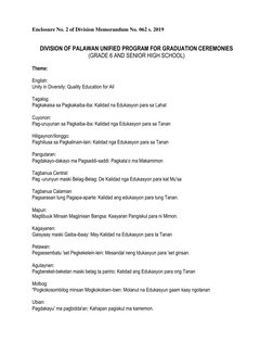 Enclosure No. 2 of Division Memorandum No. 062 s. 2019 
 
 
DIVISION OF PALAWAN UNIFIED PROGRAM FOR GRADUATION CEREMONIES