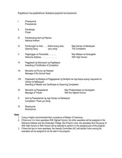 Pagdakayu' ma pagbidda'an: Kahapan pagiskul ma kamemon. 
 
 
I. 
Prosesyonal 
Processional  
 
II. 
Panalangin 
Prayer 
 
I