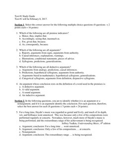 Test #1 Study Guide 
Test #1 will be February 8, 2017. 
 
Section 1. Select the correct answer for the following multiple cho