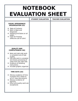 NOTEBOOK
EVALUATION SHEET
STUDENT EVALUATION
TEACHER EVALUATION
VISUAL APPEARANCE/
ORGANIZATION (25)
Table of Contents
Wor