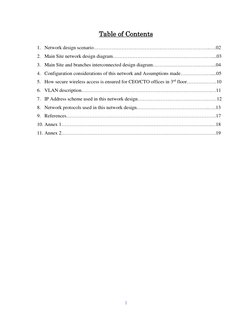 1 
 
Table of Contents 
1. Network design scenario……………………………………………………………..….02 
2. Main Site network design diagram………………………