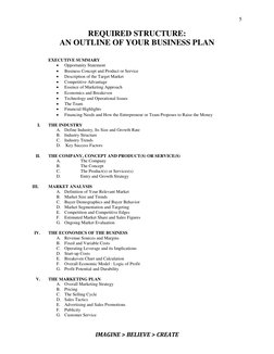 5 
 
 
 
IMAGINE > BELIEVE > CREATE 
 
REQUIRED STRUCTURE: 
AN OUTLINE OF YOUR BUSINESS PLAN 
 
 
 
EXECUTIVE SUMMARY  
 
Op