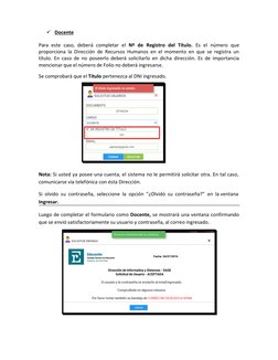  Docente
 
Para este caso, deberá completar el Nº de Registro del Título. Es el número que 
proporciona la Dirección de Rec