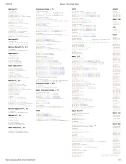 7/8/2019
Basics - R (https://doc.rust-lang.org/std/result/enum.Result.html)ust cheat sheet
https://upsuper.github.io/rust-che