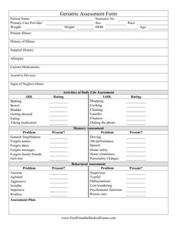 www.FreePrintableMedicalForms.com 
Geriatric Assessment Form 
Patient Name: 
 
Insurance No. 
 
Primary Care Provider: 
 
Sex