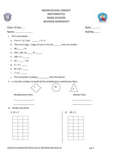 I. Fill in the blanks. 
a. If 4 x 3 = 12 , then    ______ ÷ 3 = 4 
b. There are 6 eggs . 2 eggs are put in one t