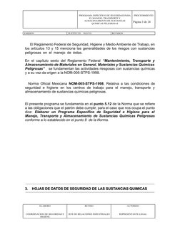 PROGRAMA ESPECIFICO DE SEGURIDAD PARA
EL MANEJO, TRANSPORTE Y
ALMACENAMIENTO DE SUSTANCIAS
QUIMICAS PELIGROSAS
PROCEDIMIENTO