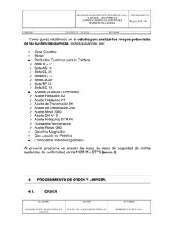PROGRAMA ESPECIFICO DE SEGURIDAD PARA
EL MANEJO, TRANSPORTE Y
ALMACENAMIENTO DE SUSTANCIAS
QUIMICAS PELIGROSAS
PROCEDIMIENTO