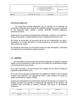 PROGRAMA ESPECIFICO DE SEGURIDAD PARA
EL MANEJO, TRANSPORTE Y
ALMACENAMIENTO DE SUSTANCIAS
QUIMICAS PELIGROSAS
PROCEDIMIENTO