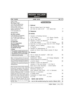 ~~~~~~~~~~~~~~~~~~~~~~~~~~~~~~~~~~~~~~~~~~~~~~~~~~~~~~~~~~~~~
4
Indian Valuer / June, 2016
CONTENTS
I. Editorial
Why we Value