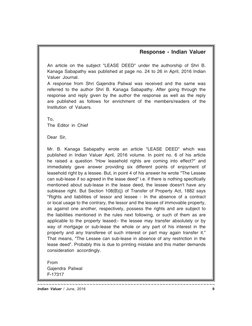 ~~~~~~~~~~~~~~~~~~~~~~~~~~~~~~~~~~~~~~~~~~~~~~~~~~~~~~~~~~~~~
Indian Valuer / June, 2016
9
Response - Indian Valuer
An articl