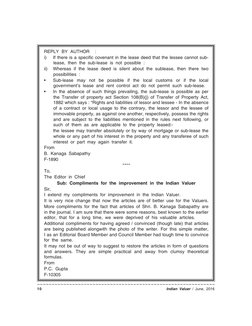 ~~~~~~~~~~~~~~~~~~~~~~~~~~~~~~~~~~~~~~~~~~~~~~~~~~~~~~~~~~~~~
10
Indian Valuer / June, 2016
REPLY BY AUTHOR :
i)
If there is