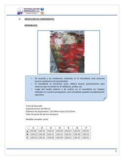3 
V. 
INSPECCIÓN DE COMPONENTES. 
 
MONOBLOCK. 
 
 
 
Túnel de Bancada: 
Especificaciones de fábrica: 
Diámetro de a