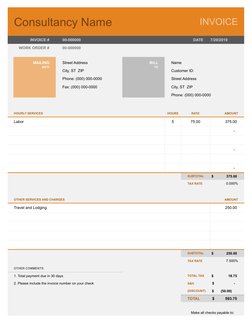 Consultancy Name
INVOICE
INVOICE #
00-000000
DATE
7/20/2019
WORK ORDER #
00-000000
MAILING
Street Address
BILL
Name
INFO
City