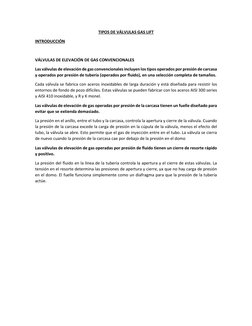 TIPOS DE VÁLVULAS GAS LIFT 
INTRODUCCIÓN 
 
VÁLVULAS DE ELEVACIÓN DE GAS CONVENCIONALES 
Las válvulas de elevación de gas con