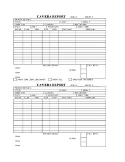 CAMERA REPORT      ROLL #______   SHEET # ______ 
PRODUCTION CO.
TITLE:
 CAM.#
MAG. #
DIRECTOR:
CAMERA:
RECORDIST:
DATE:
JOB